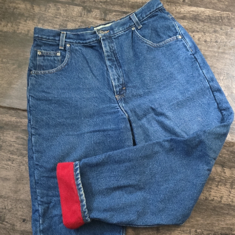 PLOW & HEARTH Classic Blue Jeans with Red Lined Flannel Sz 14‎ X 31"